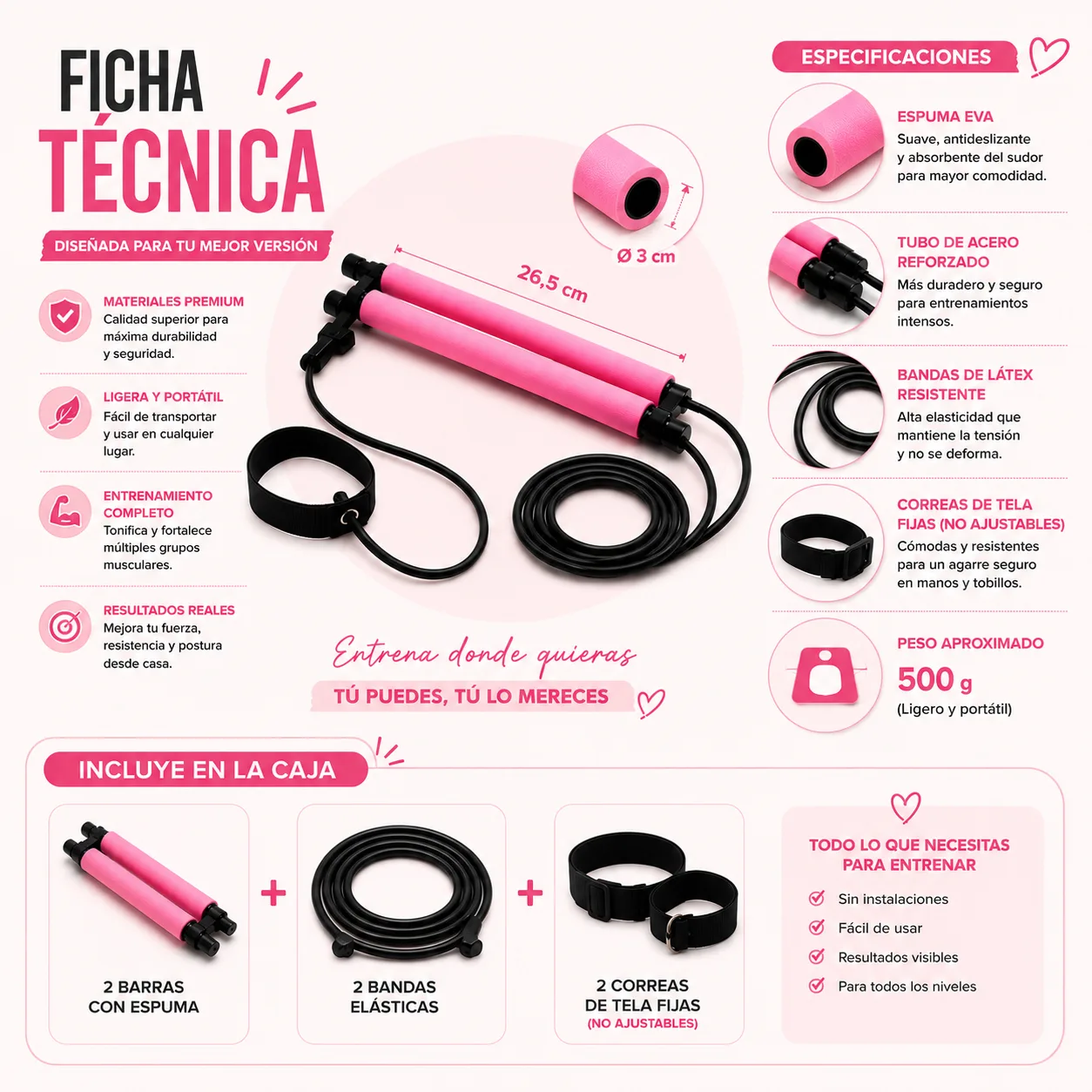 Barra de pilates con bandas elásticas