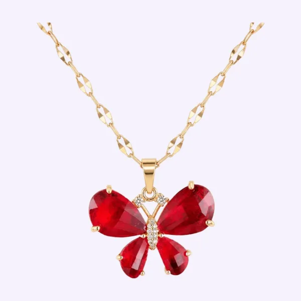 Collar mariposa roja de acero con cristales