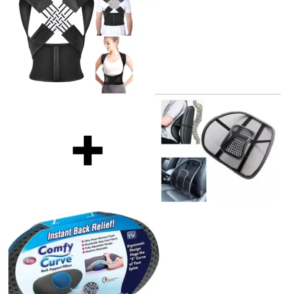 Kit de postura: corrector, cojín lumbar y respaldo para silla