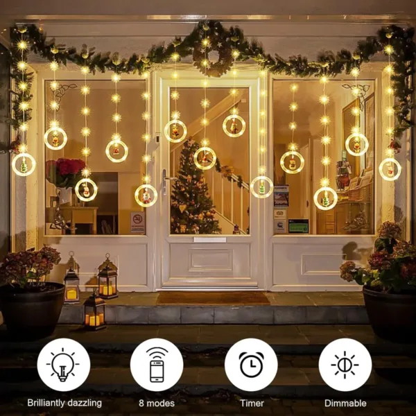Cortina de luces con esferas y aros navideños, 8 modos