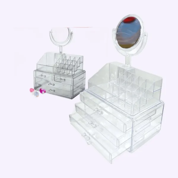 Organizador de maquillaje acrílico con espejo y cajones