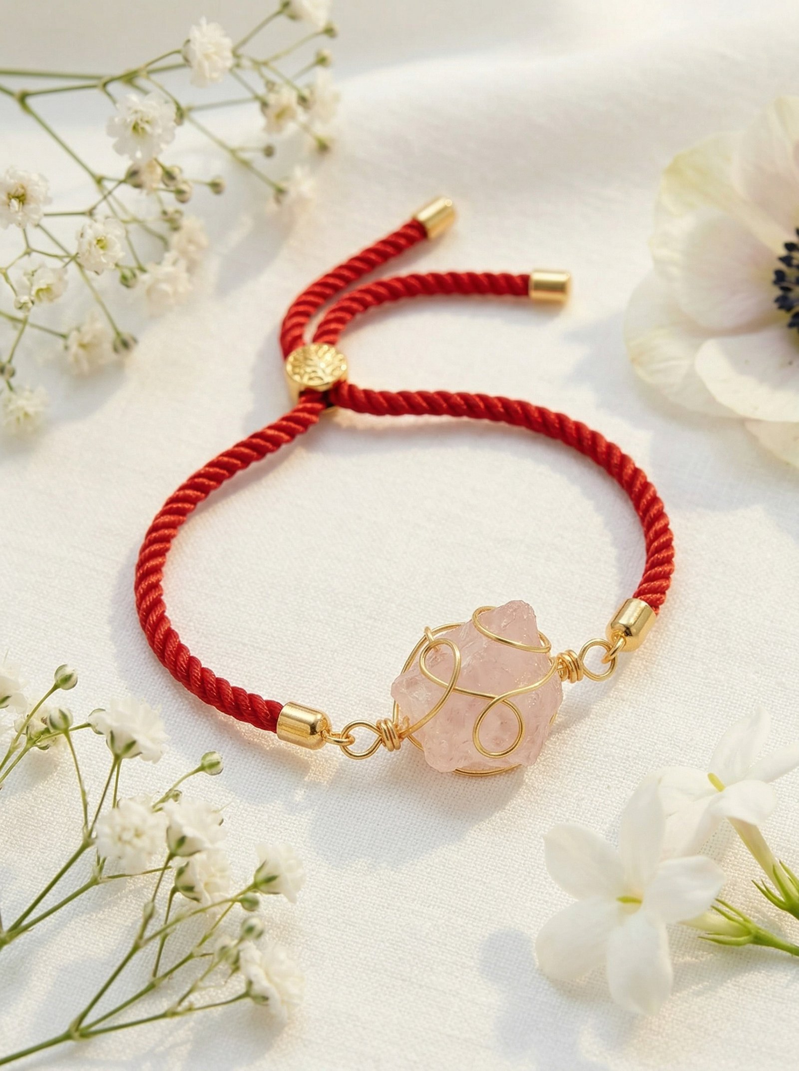 Pulsera de cuarzo rosa con cordón rojo