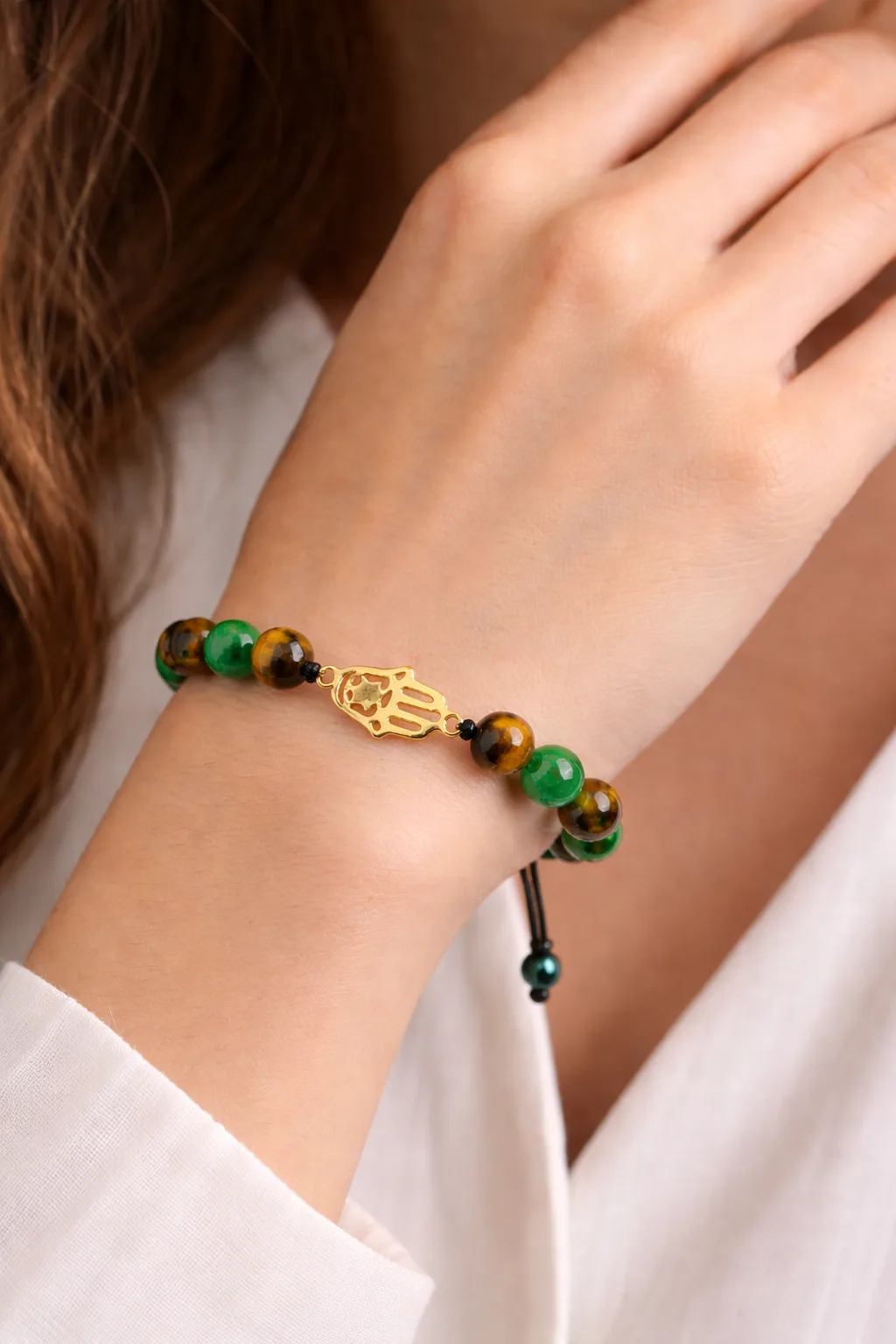 Pulsera Hamsa con ojo de tigre y aventurina