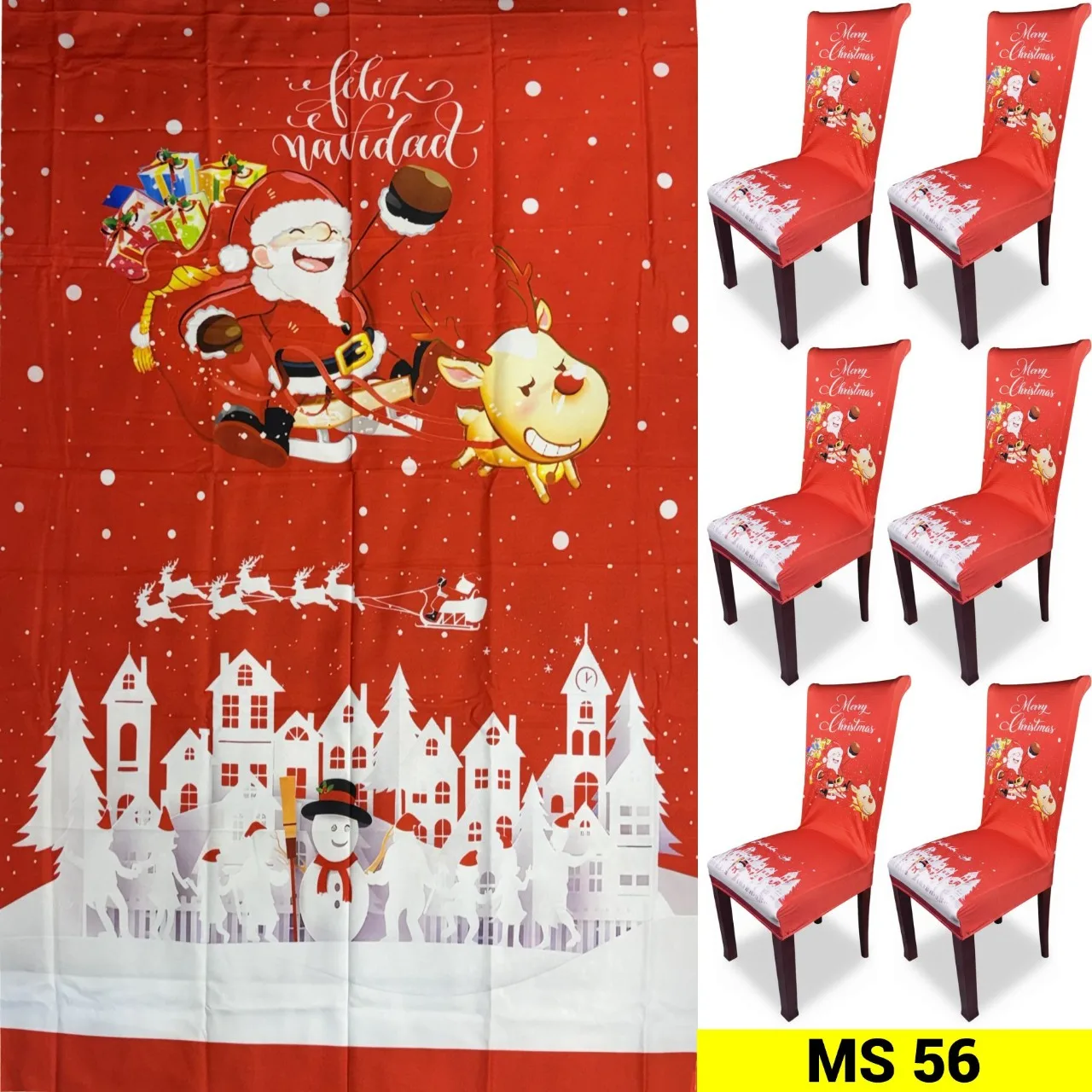 Set navideño de mantel y 6 forros para sillas