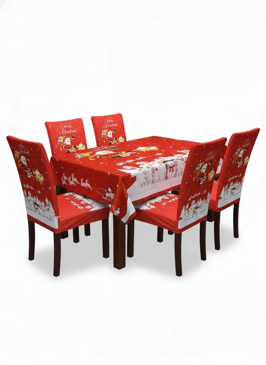 Set navideño de mantel y 6 forros para sillas